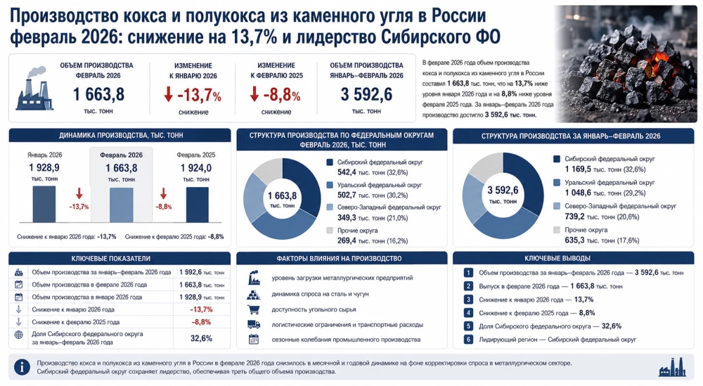 Производство кокса и полукокса из каменного угля в России февраль 2026: снижение на 13,7% и лидерство Сибирского федерального округа