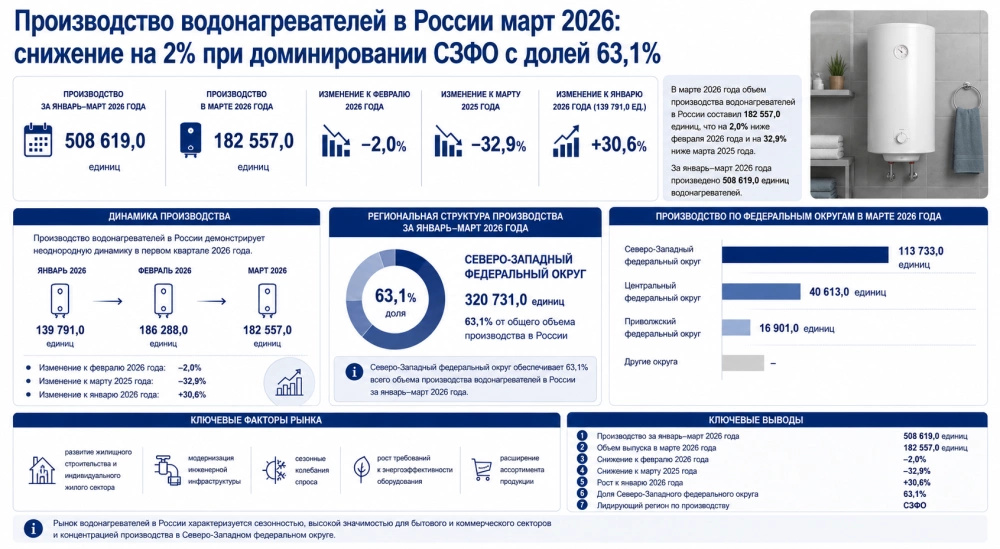 Производство водонагревателей в России март 2026: снижение на 2% при доминировании СЗФО с долей 63,1%