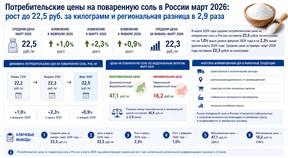 Потребительские цены на поваренную соль в России март 2026: рост до 22,5 руб. за килограмм и региональная разница в 2,9 раза