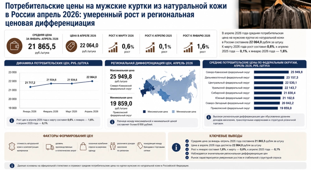 Потребительские цены на мужские куртки из натуральной кожи в России апрель 2026: умеренный рост и региональная ценовая дифференциация