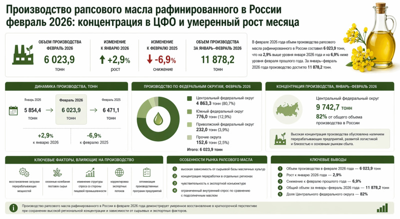 Производство рапсового масла рафинированного в России февраль 2026: концентрация в ЦФО и умеренный рост месяца