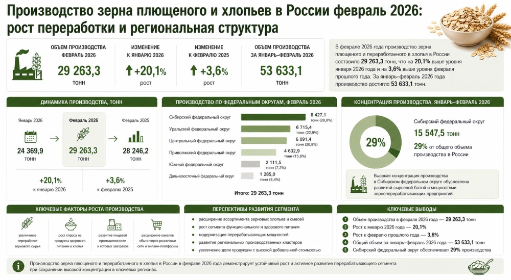 Производство зерна плющеного и хлопьев в России февраль 2026: рост переработки и региональная структура