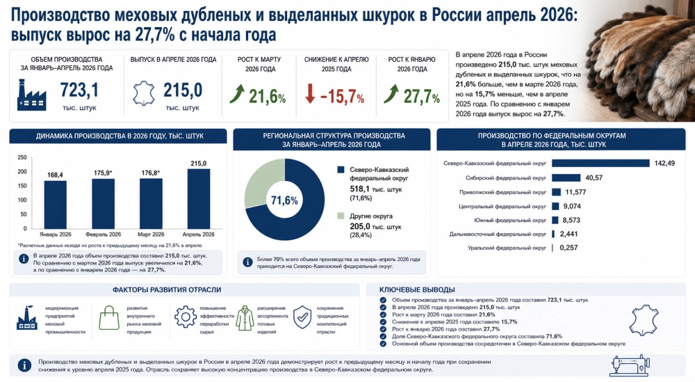 Производство меховых дубленых и выделанных шкурок в России апрель 2026: выпуск вырос на 27,7% с начала года