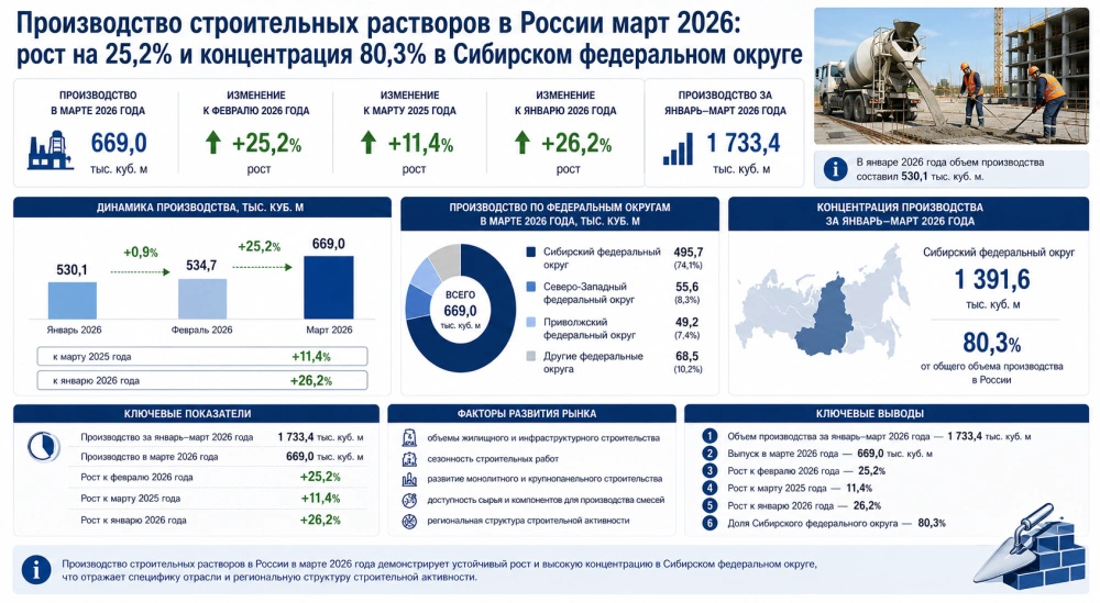 Производство строительных растворов в России март 2026: рост на 25,2% и концентрация 80,3% в Сибирском федеральном округе