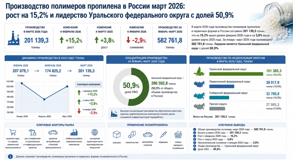 Производство полимеров пропилена в России март 2026: рост на 15,2% и лидерство Уральского федерального округа с долей 50,9%
