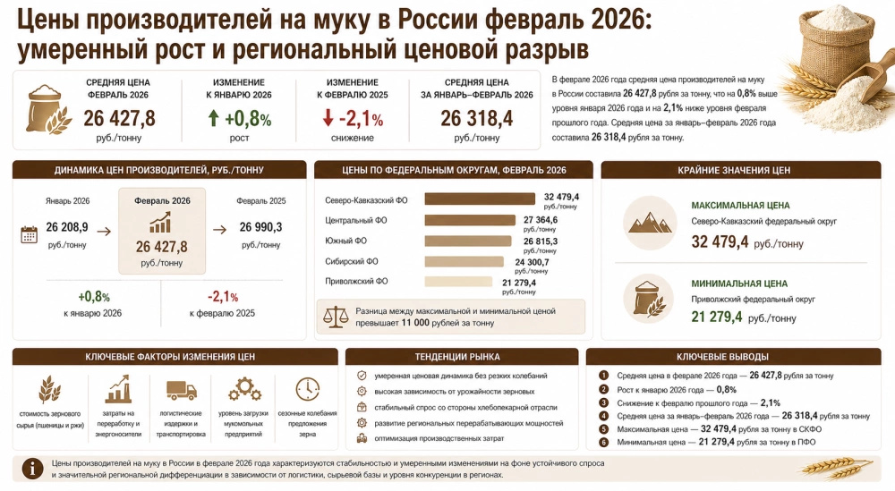 Цены производителей на муку в России февраль 2026: умеренный рост и региональный ценовой разрыв