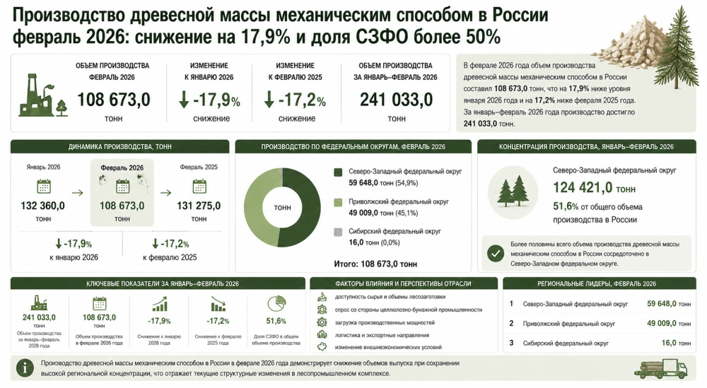 Производство древесной массы механическим способом в России февраль 2026