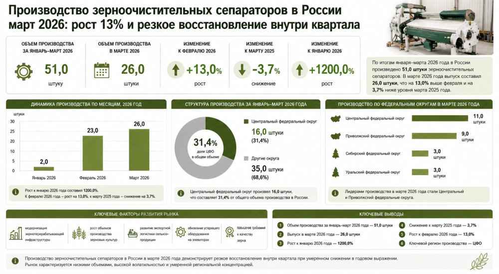 Производство зерноочистительных сепараторов в России март 2026: рост 13% и резкое восстановление внутри квартала