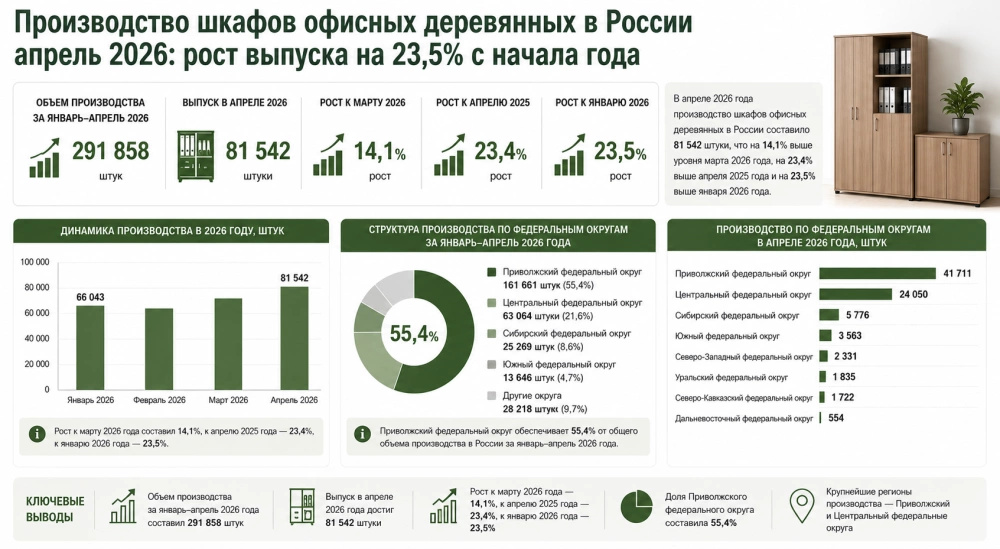 Производство шкафов офисных деревянных в России апрель 2026: рост выпуска на 23,5% с начала года