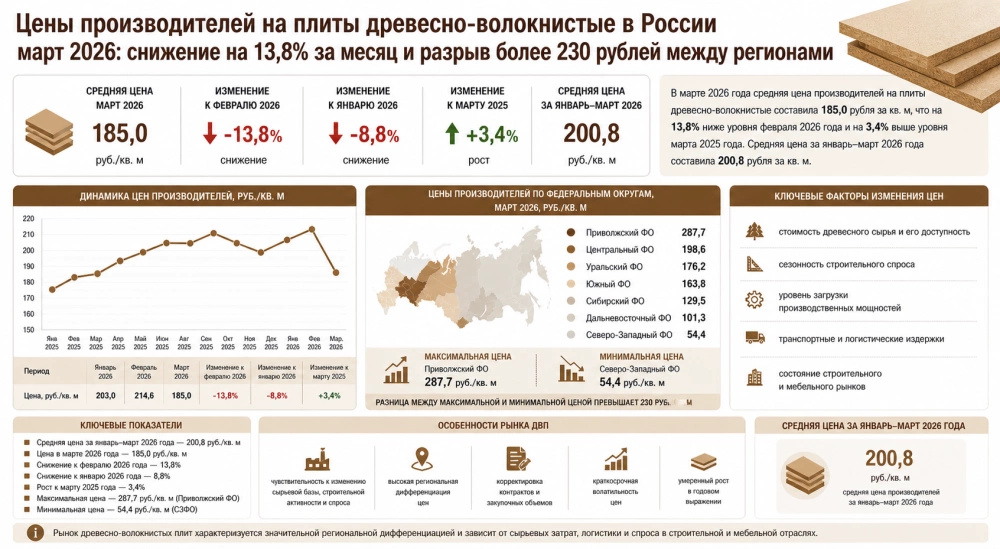 Цены производителей на плиты древесно-волокнистые в России март 2026: снижение на 13,8% за месяц и разрыв более 230 рублей между регионами
